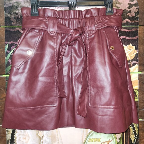 Mark New York Burgundy Faux Leather Paper Bag Waist Skirt with Pockets XS - Picture 1 of 9